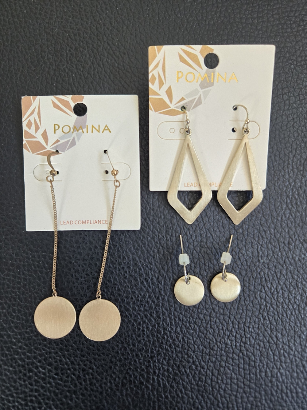 Gold-Tone Earring Sets — Long Disc, Geometric Drops & Small Disc Studs